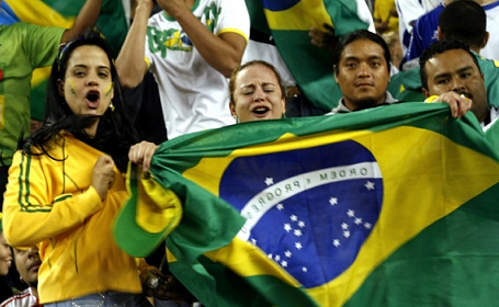 A group of Brazilian fans cheer on their team during a Sept. 6, 2007 clash against Mexico at Gillette Stadium. (Photo: Chris Aduama/aduama.com)